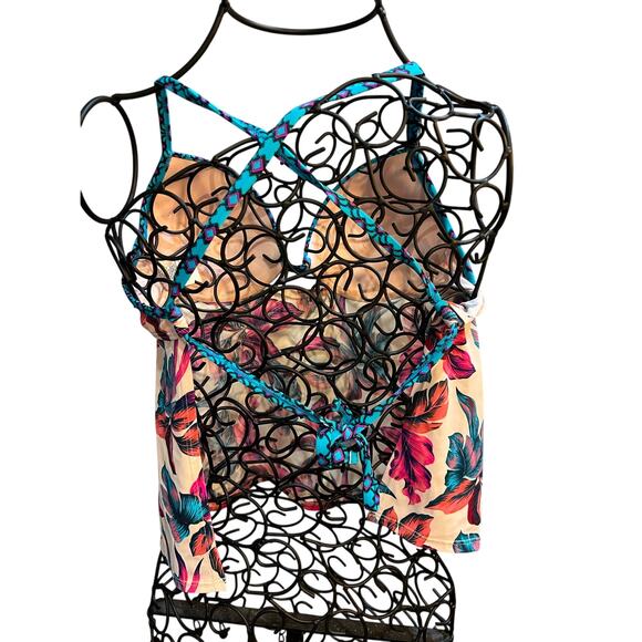 Shade & Shore 34C Teal Pink Aztec Print Underwire Tankini Swim Top - Picture 4 of 6